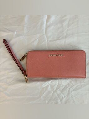 Michael Kors Coral Pink Saffiano Zip Wristlet Wallet